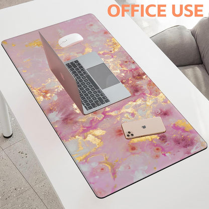 Mouse Pad Large Pink and Gold Marble Non-Slip Gaming Desk Mat with Stitched Edge Laptop Keyboard Desk Pad for Work Home Gaming (35.4 x 15.7 Inches)