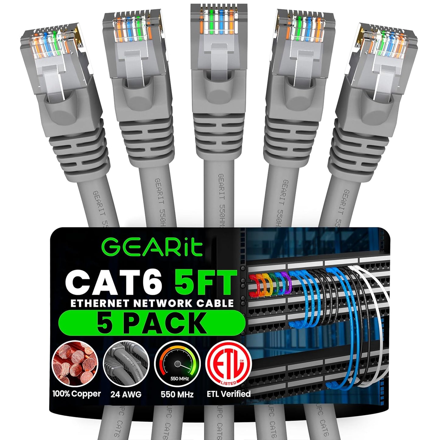 GEARit Cat 6 Ethernet Cable (5-Pack 5 Feet) Cat6 Network Patch, 10Gbps, RJ45, Snagless Cord, Gold-Plated Connectors, Internet for PC, TV, Tablet, Router, Printer, Servers, IT Data Center - Gray