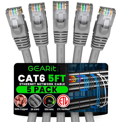 GEARit Cat 6 Ethernet Cable (5-Pack 5 Feet) Cat6 Network Patch, 10Gbps, RJ45, Snagless Cord, Gold-Plated Connectors, Internet for PC, TV, Tablet, Router, Printer, Servers, IT Data Center - Gray
