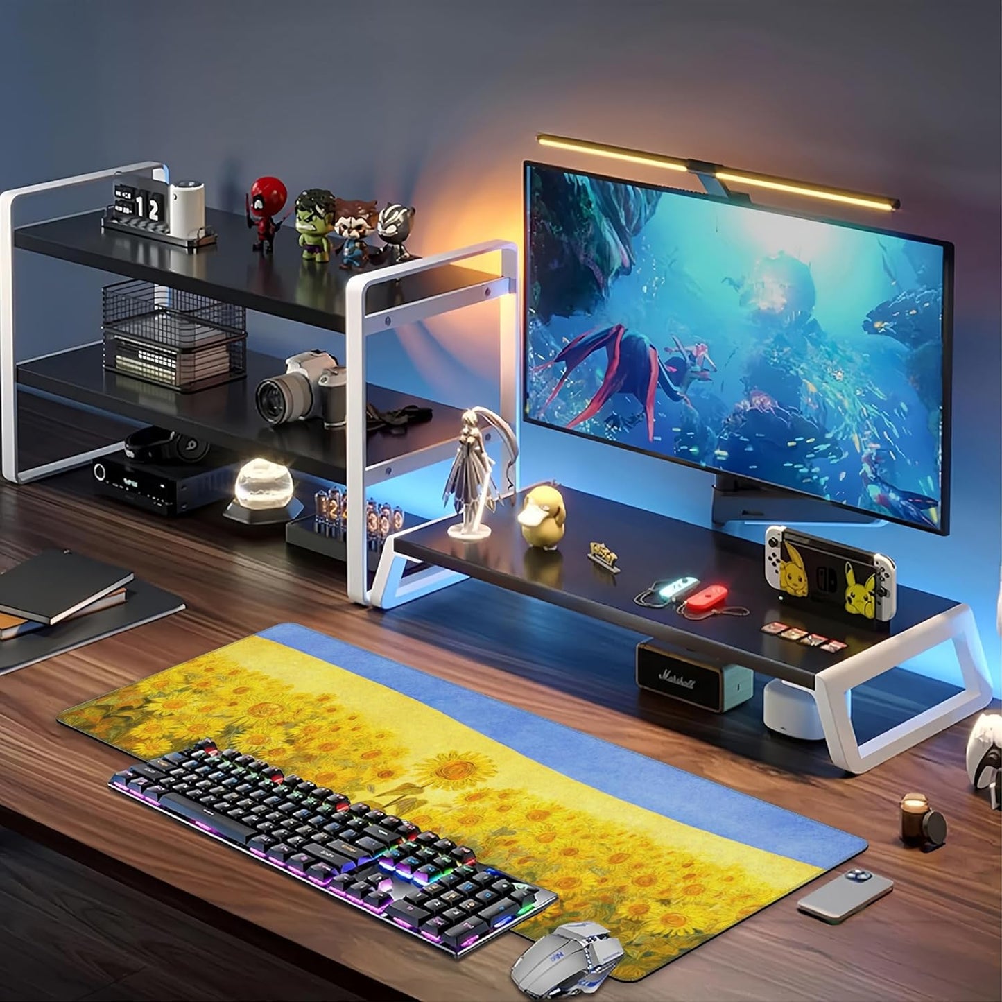 Field of Sunflowers Desk Mat,Large Sunflower Oil Painting Gaming Keyboard Mouse Pad,Non-Slip Rubber Base Desk Pad Thick Stitched Edges Waterproof Mousepad Mouse Mat 31.5"x11.8"