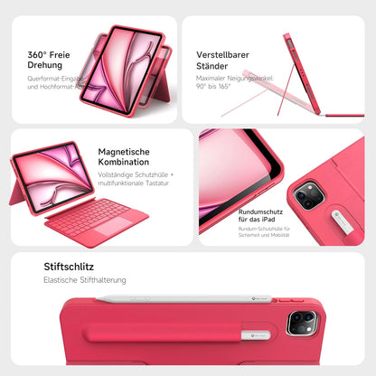 HOU Rotatable Keyboard Case for iPad Air 11 (M3/M2 2025), Magnetic Detachable Case with Keyboard for iPad Pro 11 (4th/3rd/2nd/1st Gen) and iPad Air (6th/5th/4th Gen) with Touchpad, Backlight - Magenta