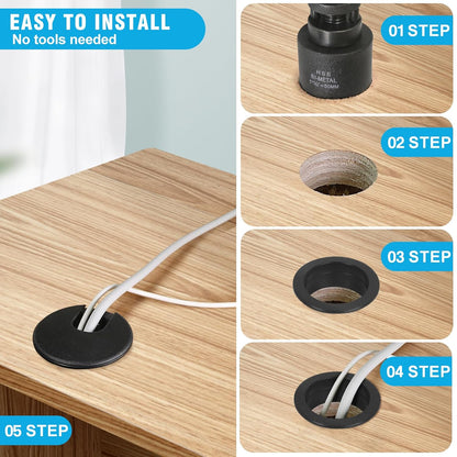 1-1/2" Black Desk Grommet with Bi-Metal Hole Saw, JTemgle Plastic Cable Hole Cover Computer Table Cord Wire Organizer Caps, Desktop Cord Management for Home Office TV Stands Tabletops, 7 Pieces