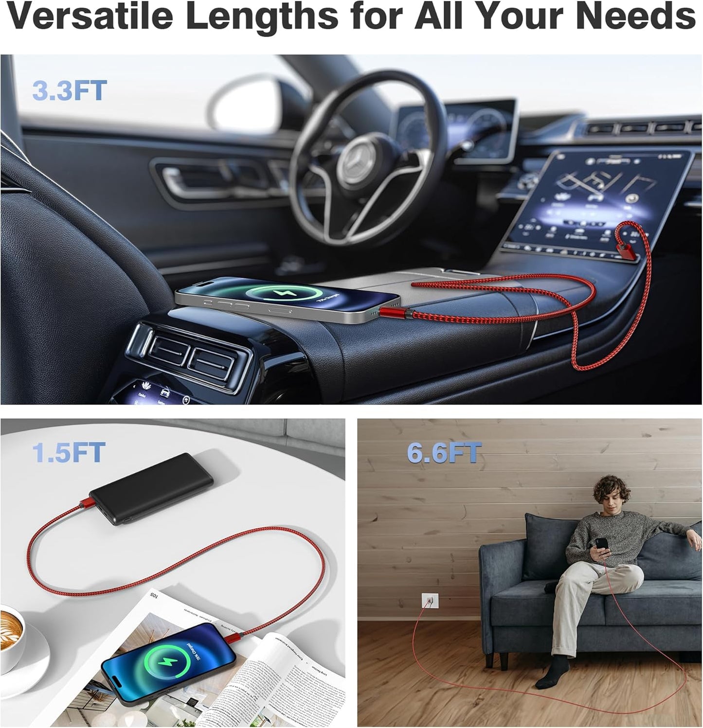 Elebase USB Type C Charger Cable 3 Pack 1.5/3.3/6.6FT,Car Charging Cord for iPhone 16 Pro Max Plus,Kindle Fire HD 7 2022 12th,10 9th 2019,8 10th 2020,Paperwhite 11th 2021,Samsung Galaxy S22 S23 S24