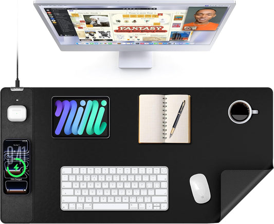 TopMade Mouse Pad with 15W Wireless Charging, XXL Large Leather Desk Mat, Waterproof Gaming Mousepad Home Office Desk Pad Protector, Computer Keyboard Pad, Mouse Mat for for MacBook, PC, Laptop, Black