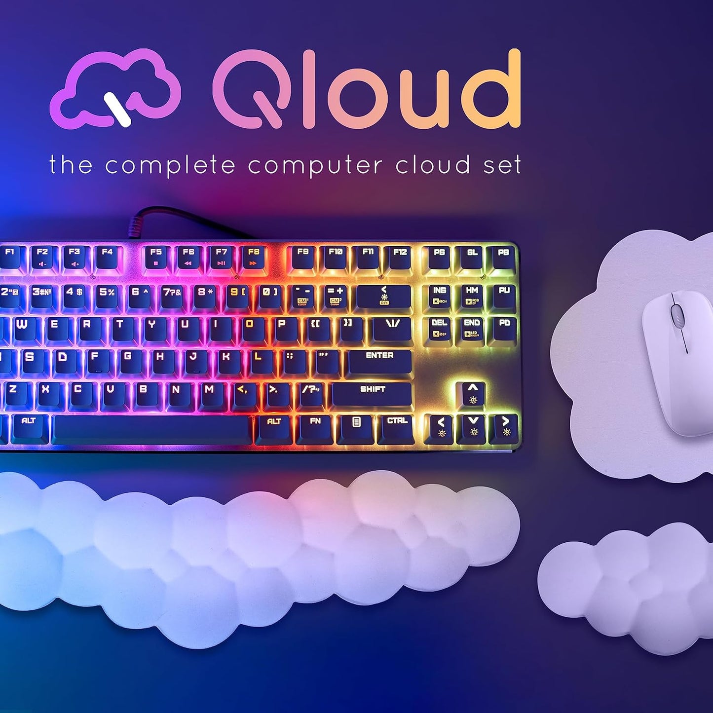 Qloud Cloud Wrist Rest Keyboard Wrist Rest for Computer Keyboard Pad, Cloud Keyboard Wrist Rest, Wrist Pad for Keyboard, Memory Foam, Non Slip Base, Comes with Mouse Pad - Rainbow