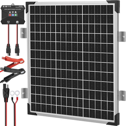 Solar Panel Kit 50W 12V, Solar Battery Trickle Charger Maintainer, Waterproof Solar Panel + Upgrade Charge Controller + Mount Bracket for Boat RV Motorcycle Marine