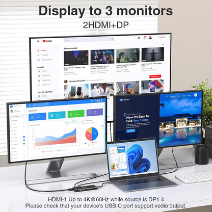 USB C Docking Station 3 Monitors USBC Hub Laptop Dual Monitor Multiport Adapter Dock Dongle,USBC to 2 HDMI,4K DisplayPort,PD Charging,Ethernet,7 USB-C/A Ports,SD/TF,Audio for Dell/HP/Lenovo(Black)