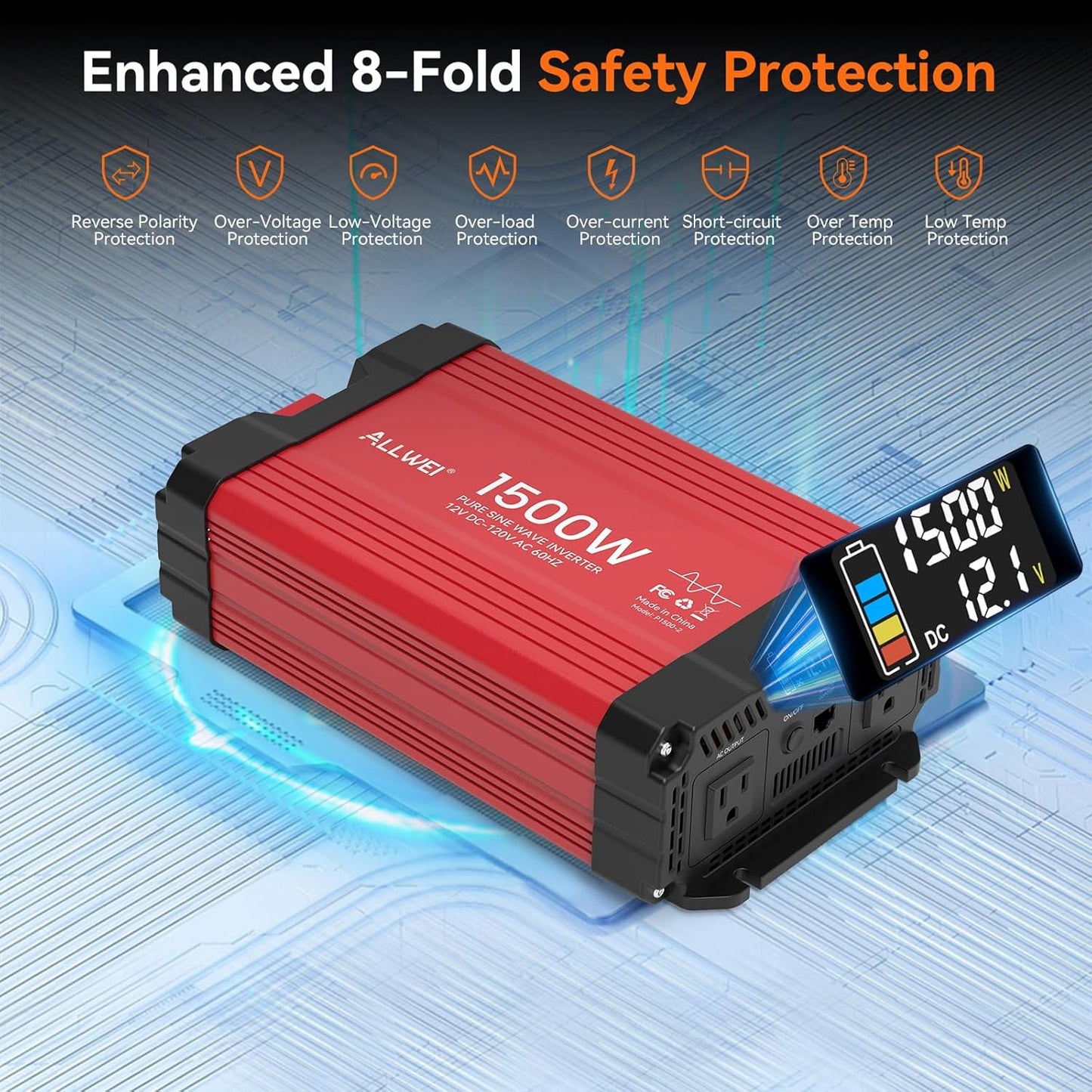 ALLWEI 1500W Pure Sine Wave Inverter 12V DC to 110V/120V AC Converter, Surge 3000W | Power Inverters Vehicles with 2 AC Outlets, RV Truck Boat Home Outdoor & Off-Grid Solar Inverter, Smart LCD Display