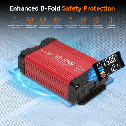 ALLWEI 1500W Pure Sine Wave Inverter 12V DC to 110V/120V AC Converter, Surge 3000W | Power Inverters Vehicles with 2 AC Outlets, RV Truck Boat Home Outdoor & Off-Grid Solar Inverter, Smart LCD Display