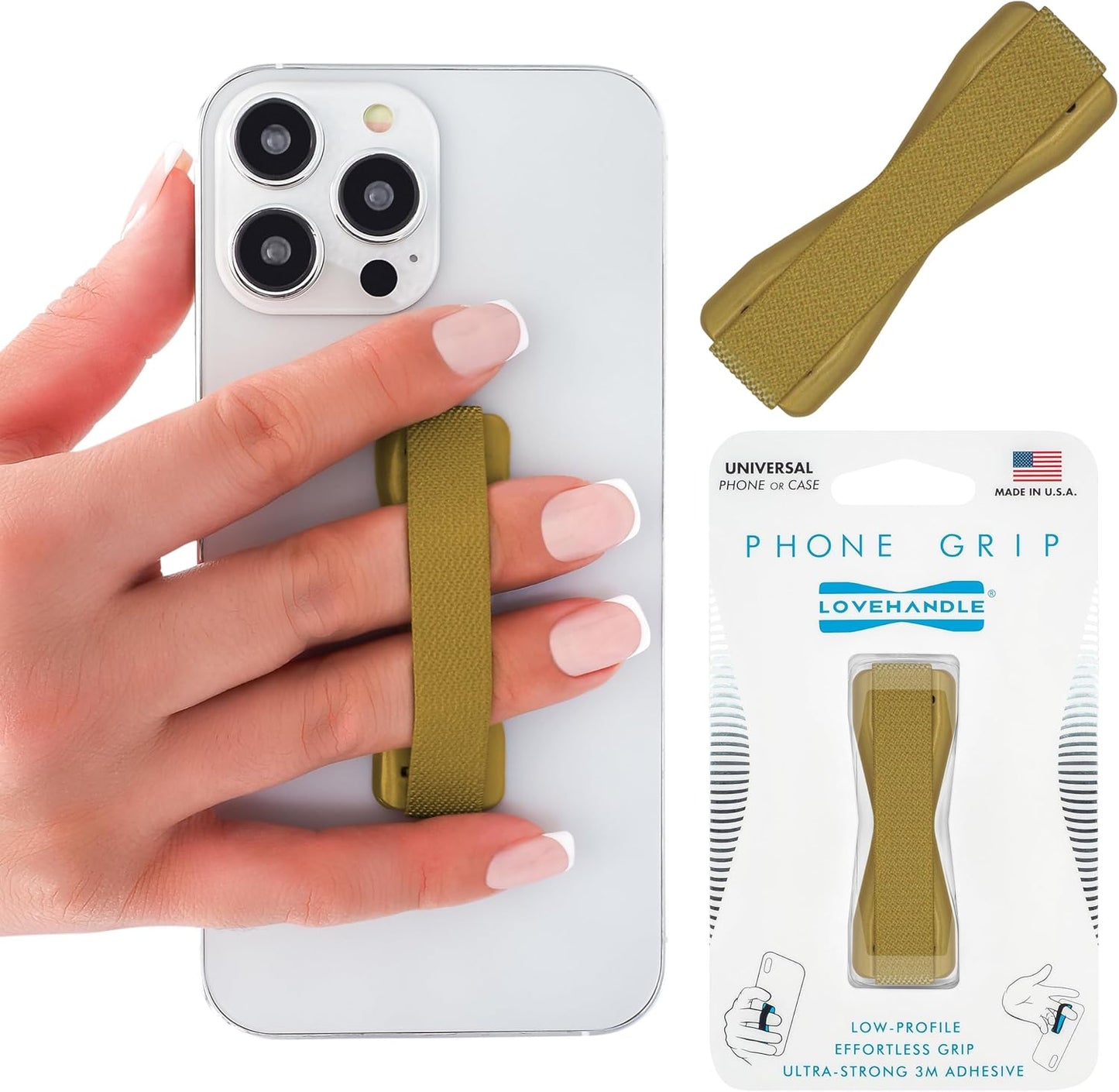 LOVEHANDLE Universal Phone Grip for Smartphones & Mini Tablets - Phone Holder for Hand - Wireless Charging Compatible - Made in The USA - Solid Gold