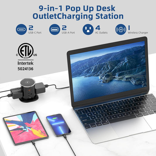 Jgstkcity Pop Up Countertop Outlet with 15W Wireless Charger,20W USB C Ports,Flush Mount Tamper Resistant,Recessed Grommet Receptacle,4 USB 4 Outlets,15A,1875W,ETL Listed,3.15in Hole,Black
