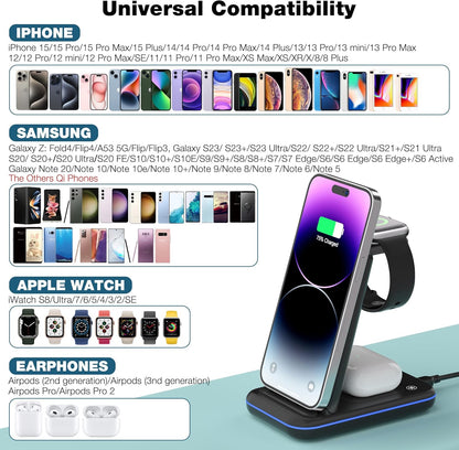 Wireless Charger for iPhone, Foldable 3 in 1 Fast Charging Station/Stand/Multi Charger for iPhone15 14 13 12 11/Xs/XR/X/8, Travel Pad for Apple Watch S8/Ultra/7/6/5/4/3/2/SE, Airpods 2/3/Pro/Pro 2