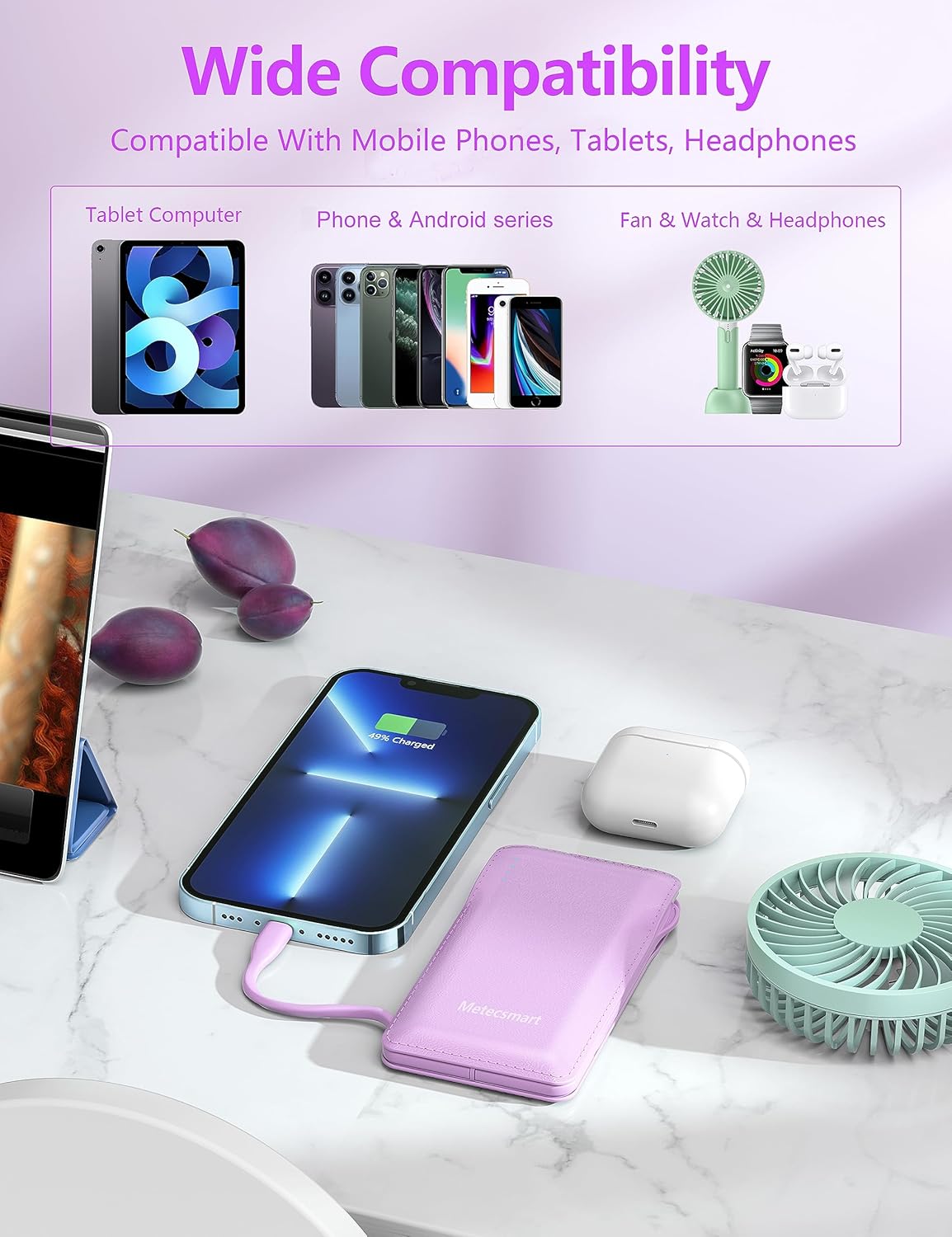 10000mAh Portable Phone Charger with Built-in 2 Cables, Small Slim Mini Power Bank Fast Charging, USB-C In/Output External Battery Pack, Travel Essentials Compatible with Android/IOS Phones