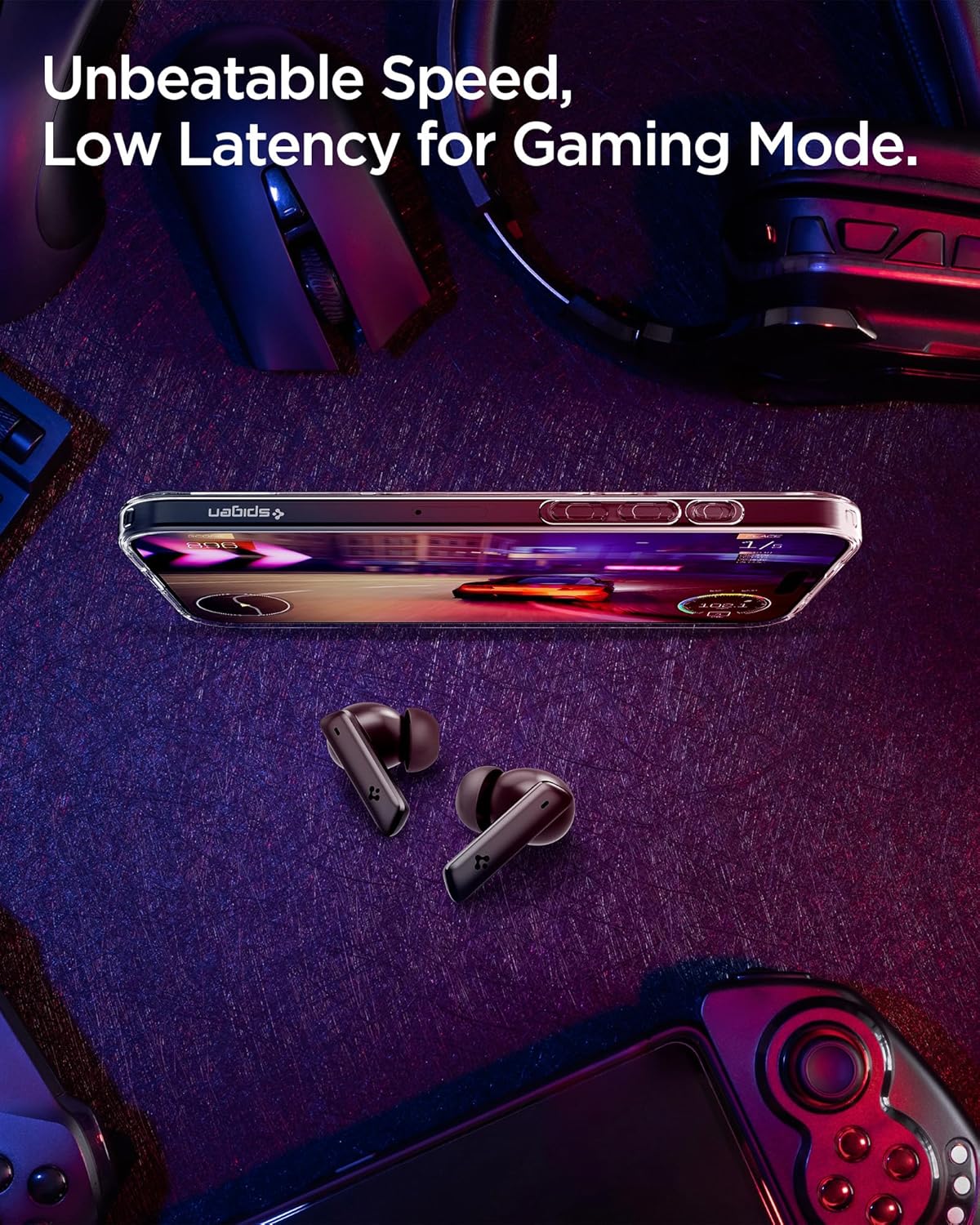 Spigen True Wireless Earbuds, Active Noise Cancellation Bluetooth Headphones with 30H Playtime, EQ Customizing App, 6 Mics, Gaming Mode, LCP Graphene Driver - White