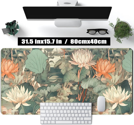 Light Emerald and Orange Floral Desk Mat, XXL Large Extended Mouse Pad Gaming Desk Pad, Aesthetic Asian Lotus Flower Big Laptop Keyboard and Mouse Mat for Women Desktop Office Decor 31.5x15.7 in