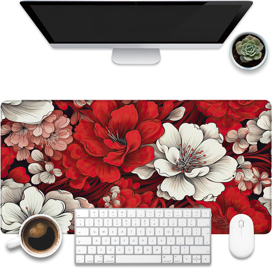 Desk Pad, Red and White Flowers Desk Mat, Retro Red Floral Large Gaming Mouse Pad, 31.5"x15.7" Extended Big Computer Keyboard Mouse Pad with Non-Slip Base and Stitched Edge