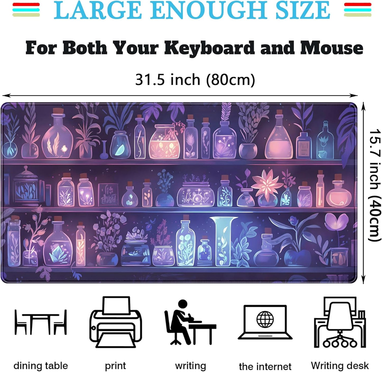 Cute Cozy Purple Gaming Desk Mat, Mystical Potion Bottles Mouse Pad XXL Large Extended Aesthetic Apothecary Shelf Desk Pad, Fun Computer Desktop Pad Mat Laptop Keyboard and Mouse Mat 31.5x15.7 in