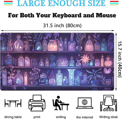Cute Cozy Purple Gaming Desk Mat, Mystical Potion Bottles Mouse Pad XXL Large Extended Aesthetic Apothecary Shelf Desk Pad, Fun Computer Desktop Pad Mat Laptop Keyboard and Mouse Mat 31.5x15.7 in