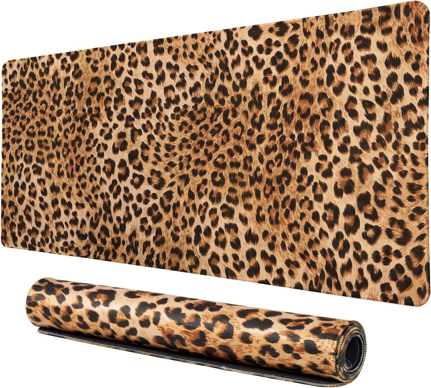 Lokigo Leopard Print Desk Pad, Brown Large Gaming Mouse Pad, Waterproof Rubber Base Mousepad for Desk with Stitched Edges DeskMatt for Laptop Gaming Office Work Study, 31.5"x15.7", Cheetah