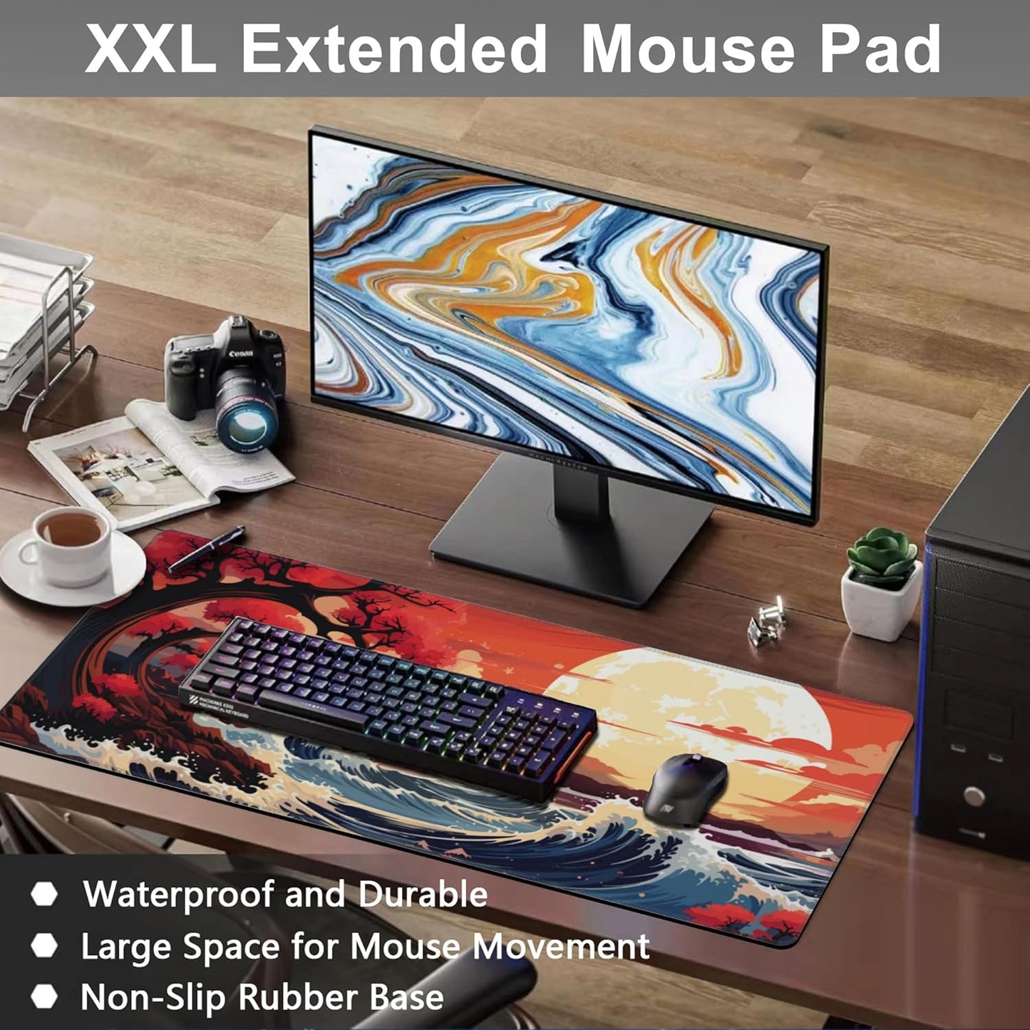 Mouse Pad, Large Huge Moon Over The Sea Desk Mat, Extended Non-Slip Gaming Keyboard Mousepad Desk Pad, Thick Stitched Edges Waterproof Mouse Mat 31.5"x15.7" (Beautiful Natural Landscape)