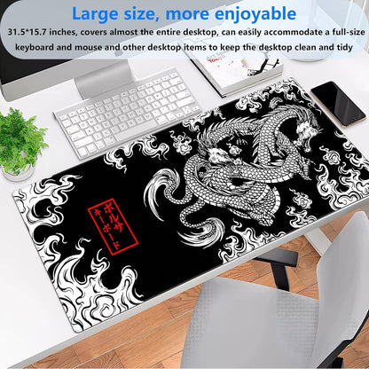 Black and White Mouse Pad Extra Large Gaming Mousepad XL Dragon Desk Mats Japanese Full Desk Keyboard Mat Computer Pad Desk Matt with Stitched Edges Non-Slip Desktop Mat 31.5 x15.7 in