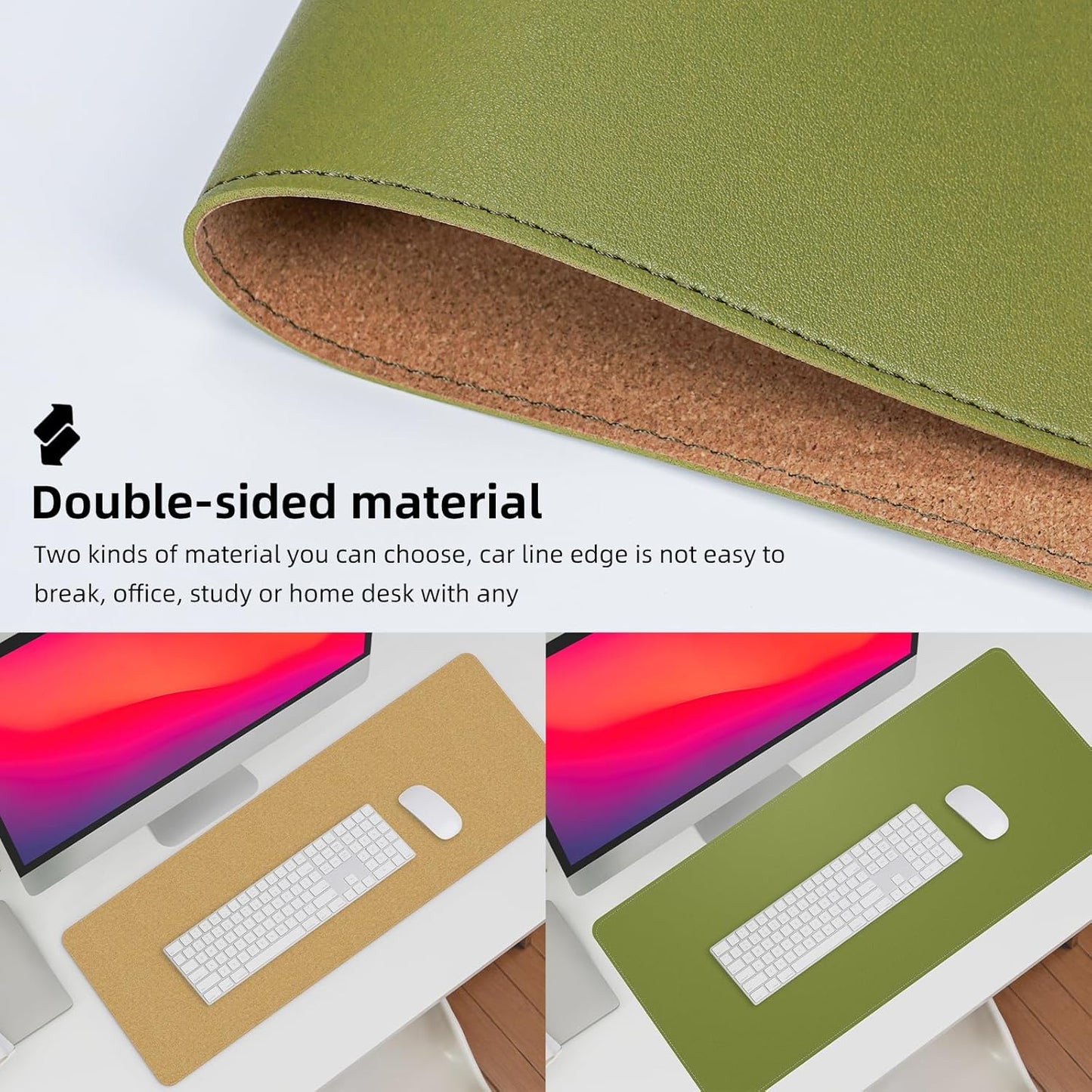 Leather Desk pad Protector, Large Desk mat with Natural Cork & PU Leather,Mouse pad,Non-Slip Office Desk Mat,Waterproof Desk Writing Pad for Office and Home (47in*17in, Olive Green)