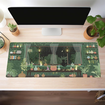 Kawaii Rainy Night Desk Mat Green Plants Gaming Mouse Pad XL, Aesthetic Anime Black Cat Desk Pad Laptop Computer Keyboard Mouse Mat, Desktop Decor Accessories for Girl Women Office 31.5"x11.8"