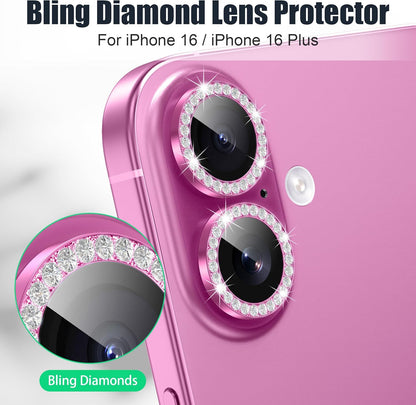 AGVEE 3+3 6 Pack for iPhone 16 6.1" / 16 Plus 6.7" Camera Lens Cover Protector, Bling Diamond & Bling Glitter Metal Ring 9H Tempered HD Glass Camera Cover Protector Film, Bling-Rose