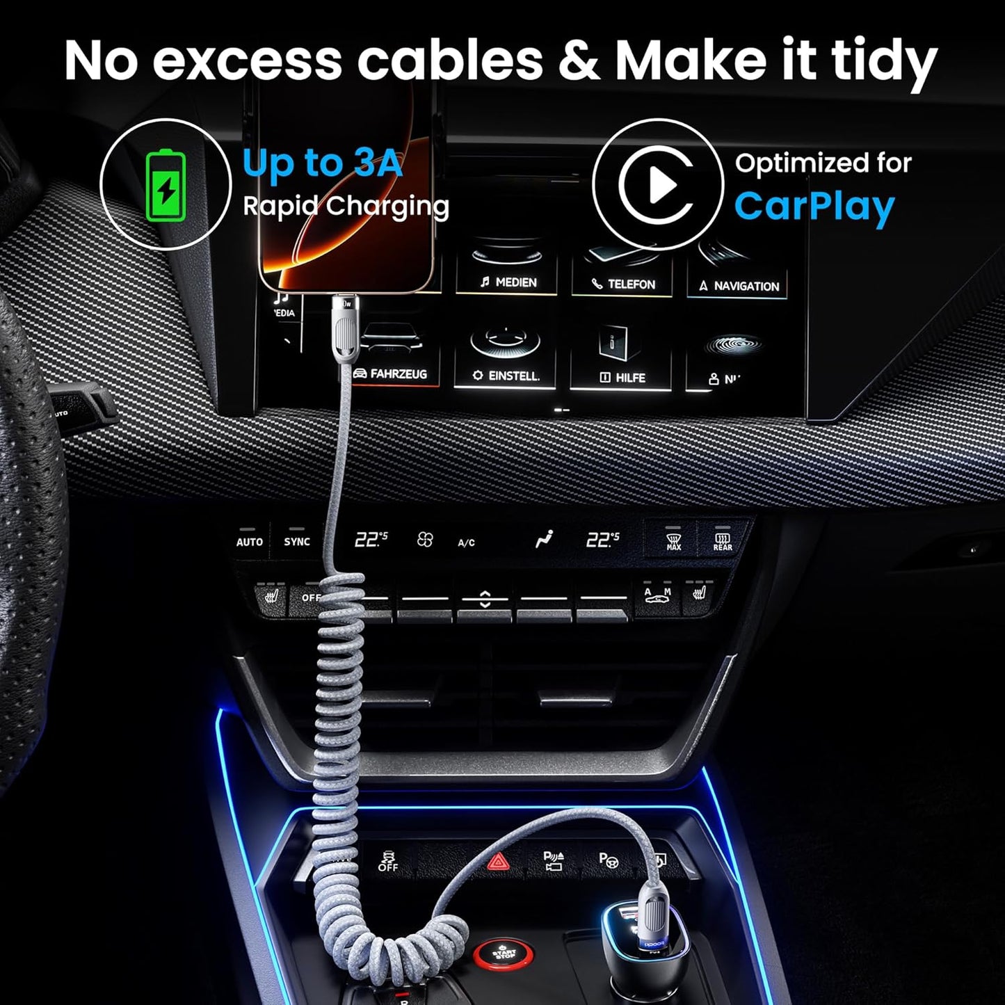 Coiled USB C to USB C Cable 2Pack 3FT Braided Retractable Fast Charging Cable for Car, Compatible with iPhone 16/15 Pro Max/Galaxy S24/S23/S22, Supports Car Play & Android Auto-Grey