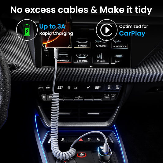 Coiled USB C to USB C Cable 2Pack 3FT Braided Retractable Fast Charging Cable for Car, Compatible with iPhone 16/15 Pro Max/Galaxy S24/S23/S22, Supports Car Play & Android Auto-Grey