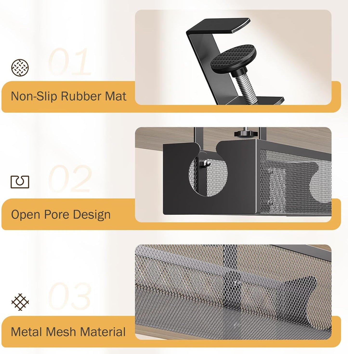 DELAMU Under Desk Cable Management Tray, No Drill Metal Mesh Cable Management Under Desk with F-Clamp Mount & 2 Open Holes, Cord Organizer for Home Office, 1 Pack, Black