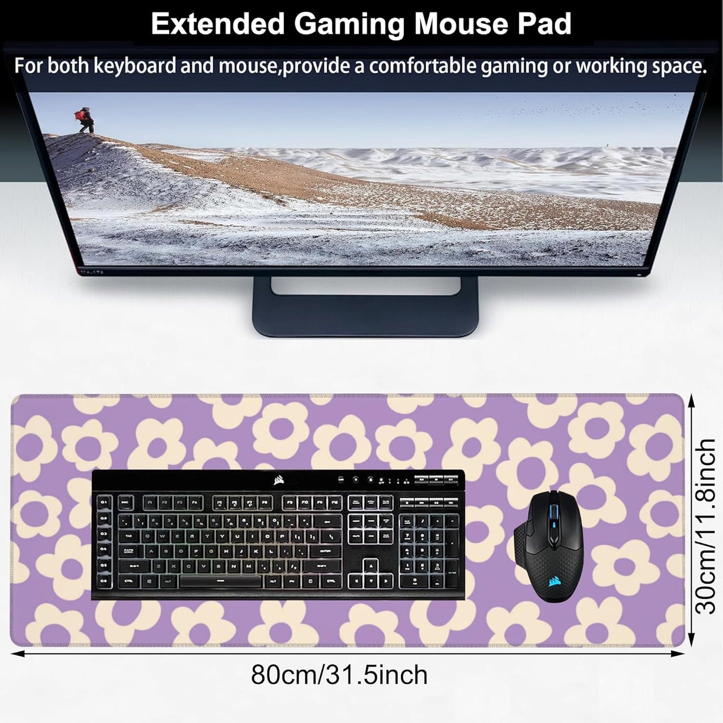 Purple Groovy Flowers Desk Mat,Large Vintage Floral Gaming Keyboard Mouse Pad,Non-Slip Rubber Base Desk Pad Thick Stitched Edges Waterproof Mousepad Mouse Mat 31.5"x11.8"