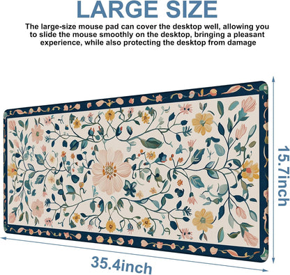 Gaming Desk Pad Large Extra Length Oriental Decorative Mouse Pad Keyboard Laptop Non-Slip Waterproof with Rubber Base Thick Stitched Edge Mouse Mat for Office Home 35.4 x 15.7 Inches