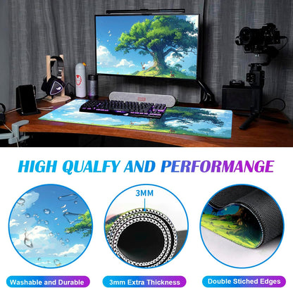 Simple and Cute Anime Landscape Computer Mouse Pad, Large Green Plant Outdoor Landscape Office Desk Pad, 35.4 x 15.7 x 0.12 Inch Sewn Edge Non Slip Rubber Base Mouse Pad
