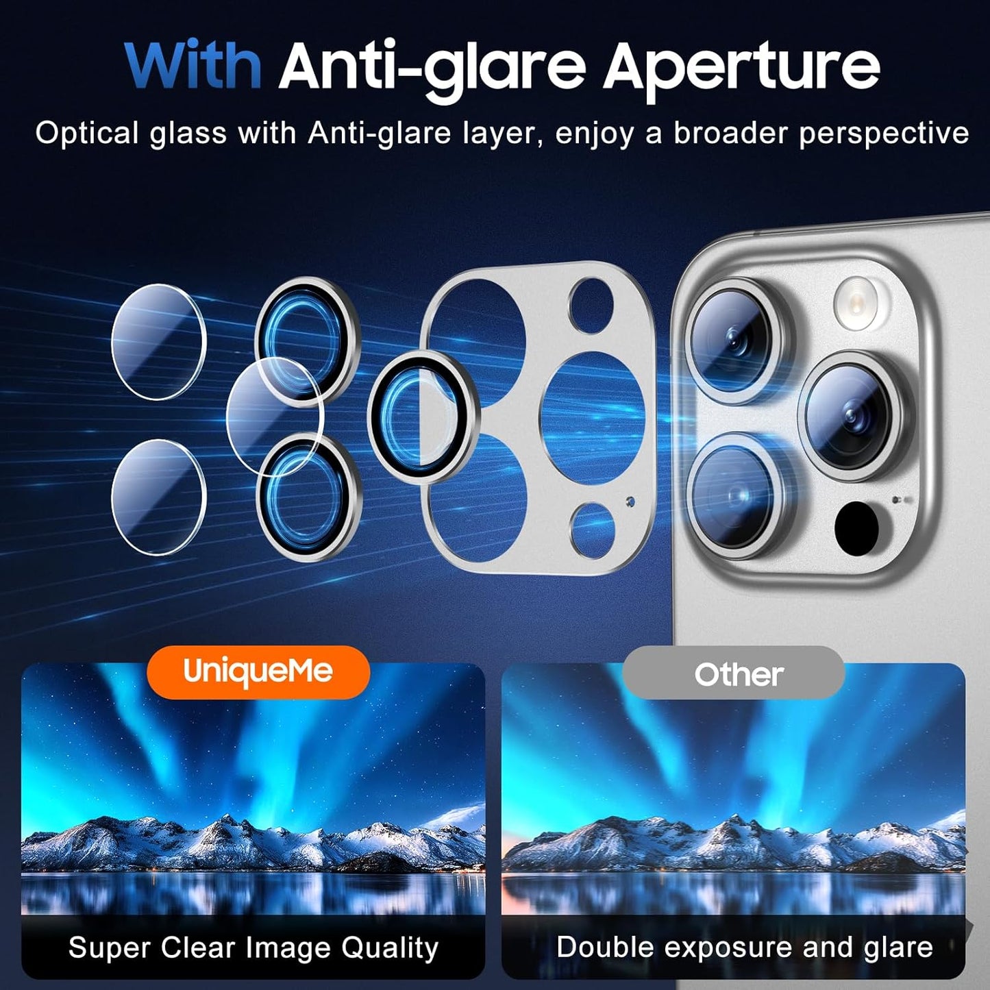 UniqueMe for 3 Pack iPhone 15 Pro/iPhone 15 Pro Max Camera Lens Protector, [Drop Protection] [Case Friendly] Camera Cover Screen [Update New Version] - All-Silver