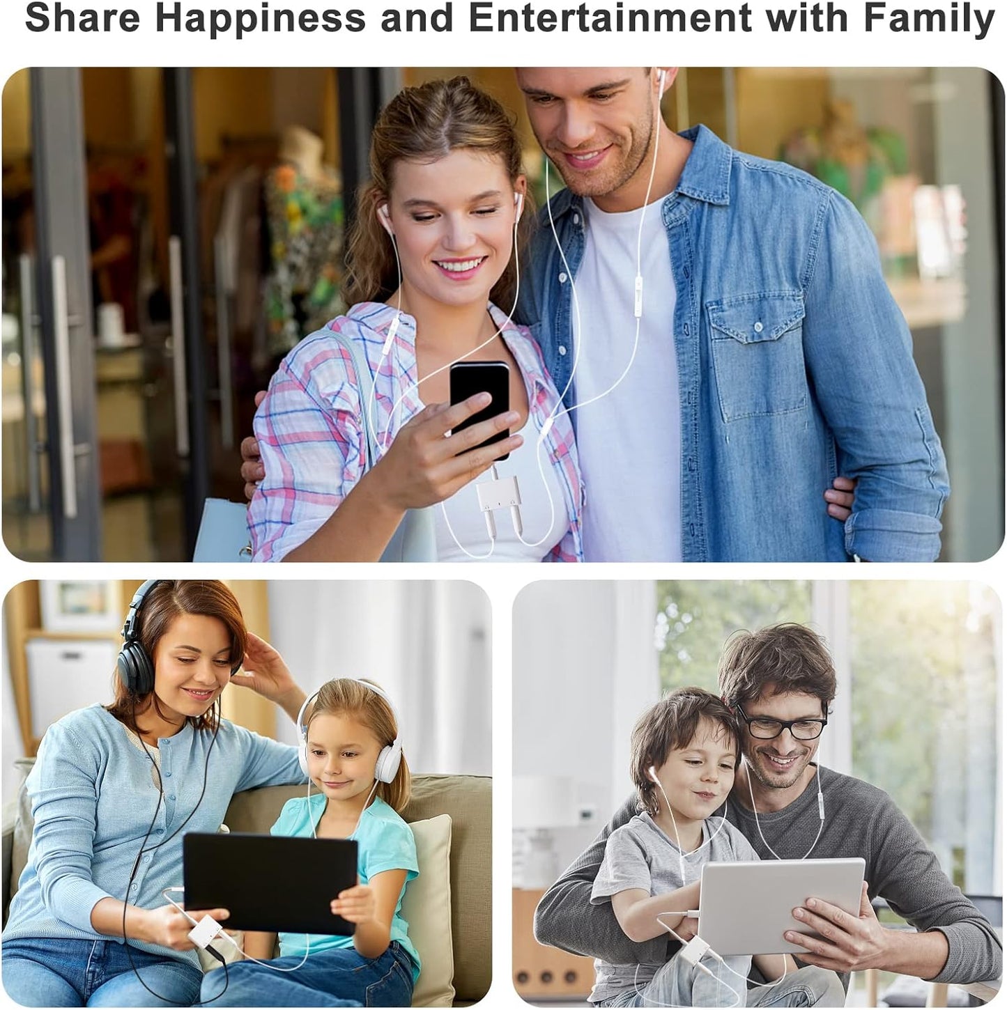 3 in 1 Dual 3.5mm Headphone Jack Adapter - Earphone Jack Audio and Charging Adapter - Headphone Splitter for iPhone 14/13/ 12/11/ X/ 8 - White