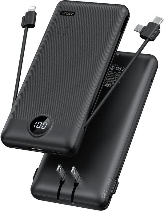 Portable Charger,Power Bank Built-in Cables and AC Wall Plug,VRURC USB C Portable Bank 10000mAh,Travel Essentials Phone Charger Compact Lightweight External Battery Pack for Smart Phones,Tablets-Black