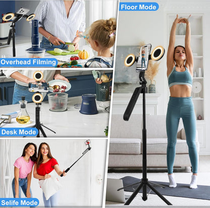 70.9" Auto Face Tracking Tripod 360° Rotation with Stand & Light, Phone Camera Holder Stand with Remote & Gesture Control, Extendable Selfie Stick for GoPro/Travel/Vlog/Video/Tiktok/Live Streaming