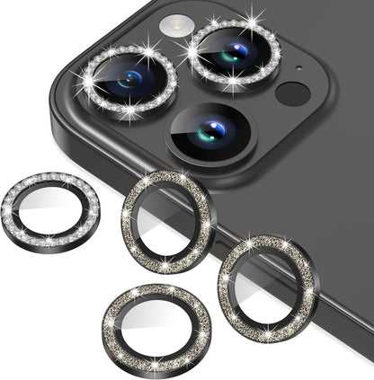 AGVEE 3+3 6 Pack for iPhone 15 Pro 6.1" / 15 Pro Max 6.7" Camera Lens Protector, Bling Diamond & Bling Glitter Metal Ring 9H Tempered HD Glass Camera Protector Cover Film, Bling-Black