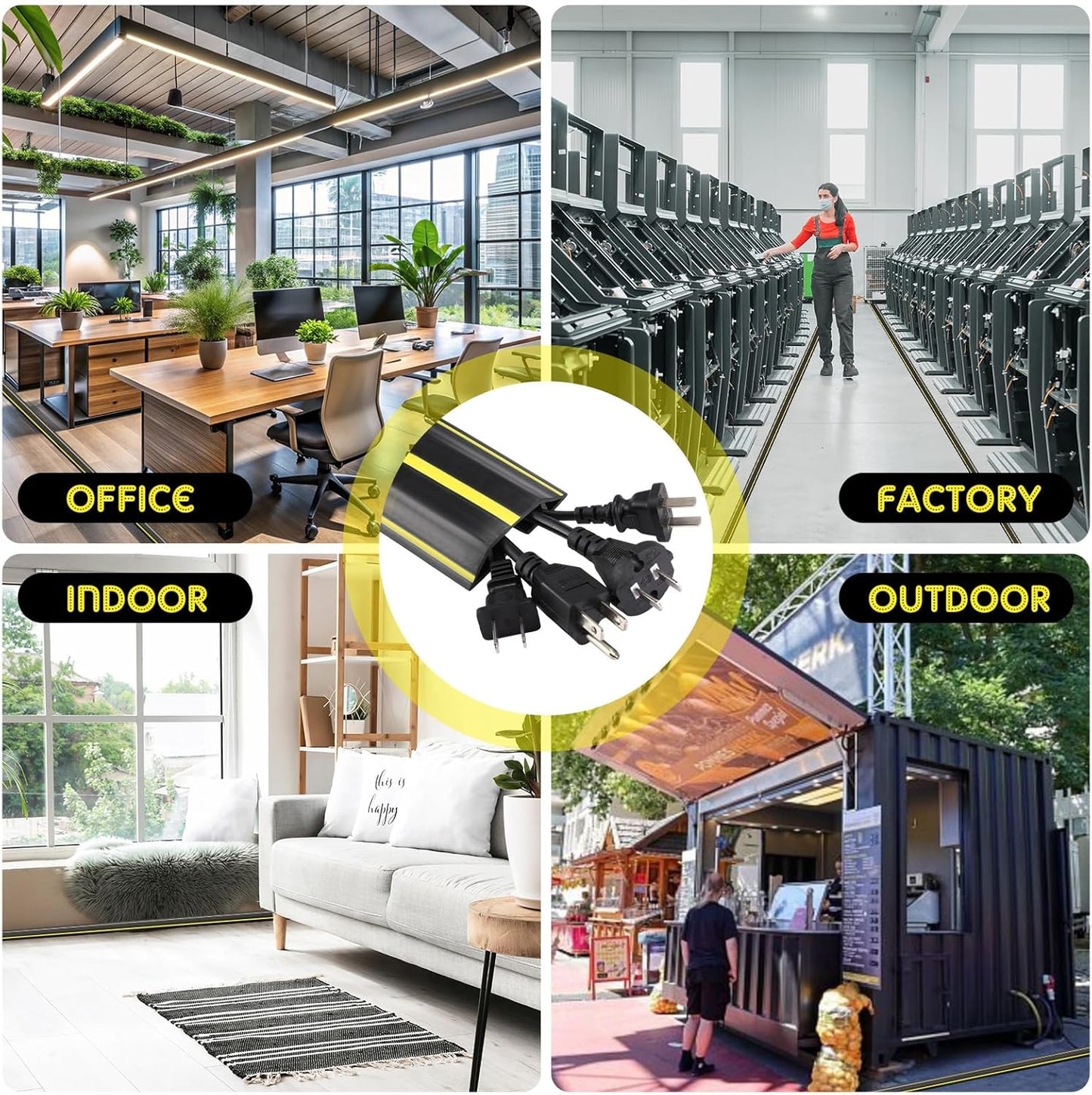 Pangda 30 FT Floor Cable Cover Heavy Duty Cord Cover Protector Power Cable Protector Soft Extension, Organize and Protect Wire on Floor for Home Office or Outdoor Settings (Black, Yellow)