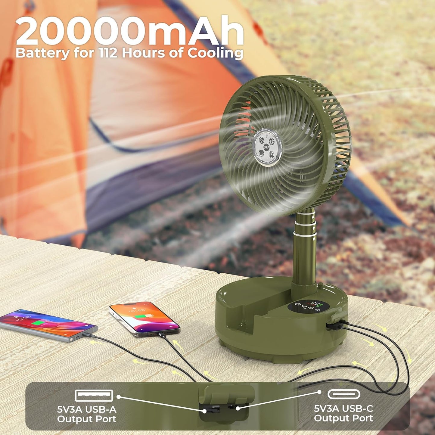 20000mAh Battery Operated Camping Fan - 112Hrs Rechargeable Oscillating Table Fan with Light & Timer, 8 Speeds Portable Travel Fan for Cruise RV Trip, Hurricane Power Outage (8" with Case)