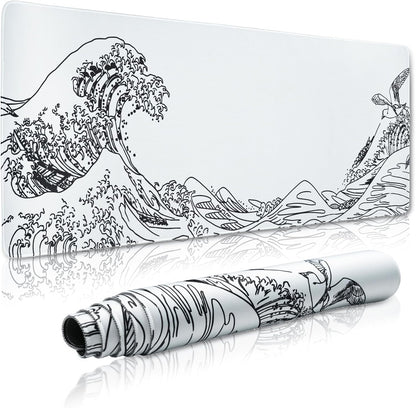 Large Gaming Mouse Pad for Desk,Kanagawa XXL Mouse Pad 35.4x15.7 Inch,Waterproof Desk Pad,Non-Slip Rubber Base Mice Pad,Keyboard Pad Computer Mat,White Mouse pad