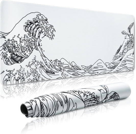 Large Gaming Mouse Pad for Desk,Kanagawa XXL Mouse Pad 35.4x15.7 Inch,Waterproof Desk Pad,Non-Slip Rubber Base Mice Pad,Keyboard Pad Computer Mat,White Mouse pad