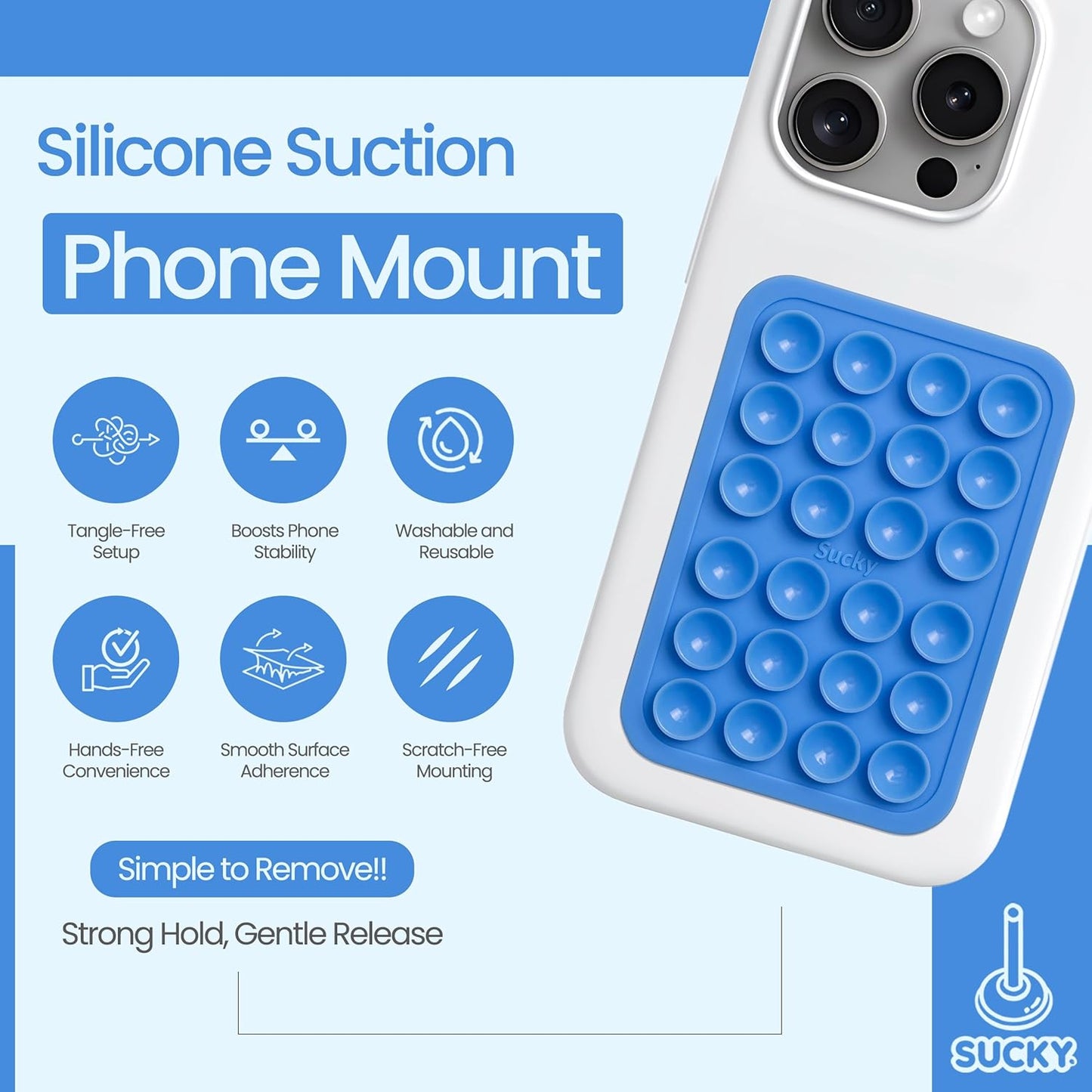 SUCKY Silicone Suction Phone Case Adhesive Mount - Anti-Slip Holder, Hands-Free Fidget Toy, Phone Accessory for iPhone and Android - Blue