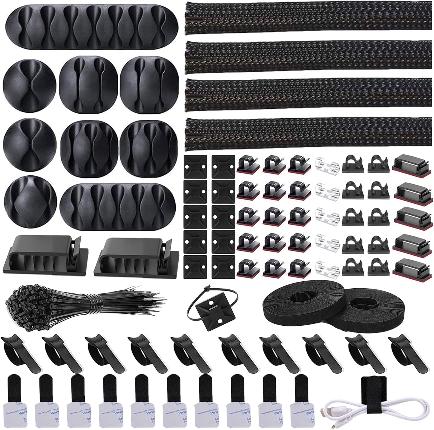 Cord Management Organizer Kit 4 Cable Sleeve split with 41Self Adhesive Cable Clips Holder, 10pcs and 2 Roll Self Adhesive tie and 100 Fastening Cable Ties for TV Office Car Desk Home
