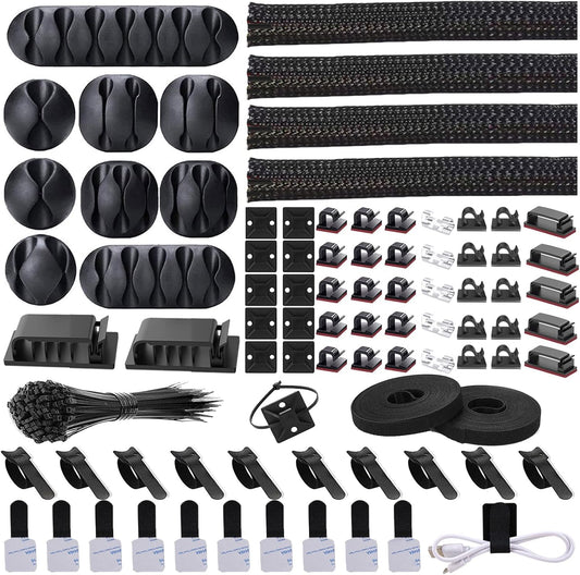 Cord Management Organizer Kit 4 Cable Sleeve split with 41Self Adhesive Cable Clips Holder, 10pcs and 2 Roll Self Adhesive tie and 100 Fastening Cable Ties for TV Office Car Desk Home