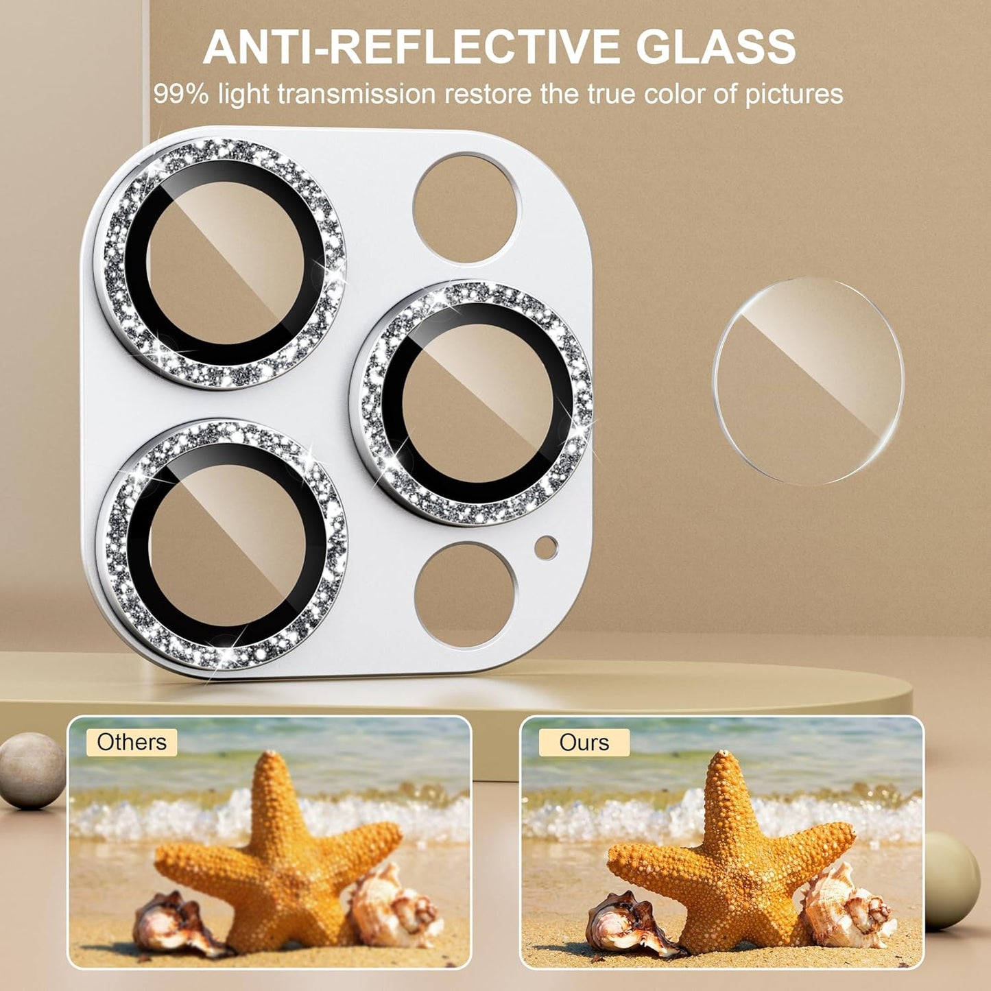 beuxece Compatible for iPhone 16 Pro/iPhone 16 Pro Max Camera Lens Protector, Bling Metal Tempered Glass Camera Screen Cover Accessories [Strong Adsorption][Case-Friendly]- Glitter Titanium Silver