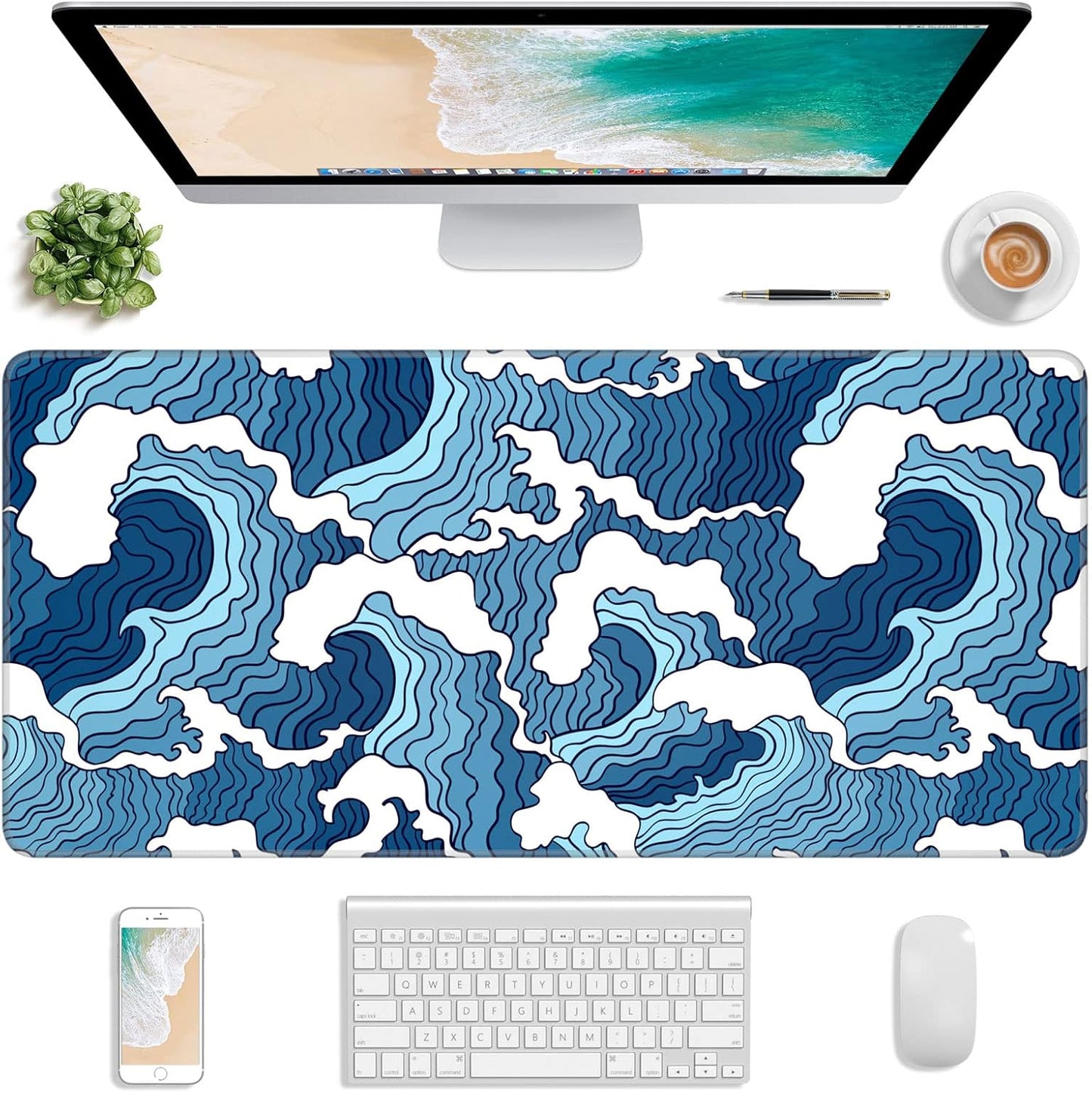 Extended Gaming Mouse Pad, Japanese Blue White Wave Mousepad, XL Large Mouse Mat Desk Pad 30 x 14 Inch, Waterproof Anime Mouse Pad with Stitched Edges and Non-Slip Base for Office Gaming