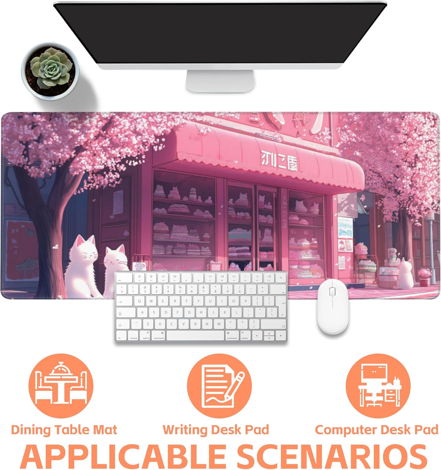 Mouse Pad Large Cake Shop and White Cats Non-Slip Gaming Desk Mat with Stitched Edge Laptop Keyboard Desk Pad for Work Home Gaming (35.4 x 15.7 Inches)