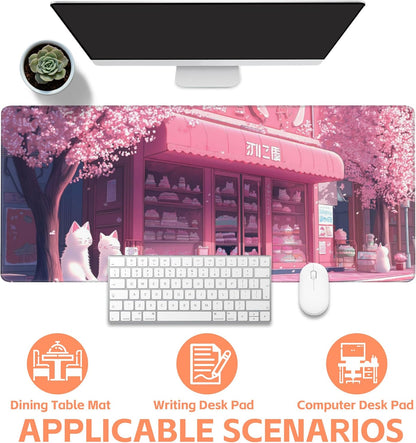 Mouse Pad Large Cake Shop and White Cats Non-Slip Gaming Desk Mat with Stitched Edge Laptop Keyboard Desk Pad for Work Home Gaming (35.4 x 15.7 Inches)